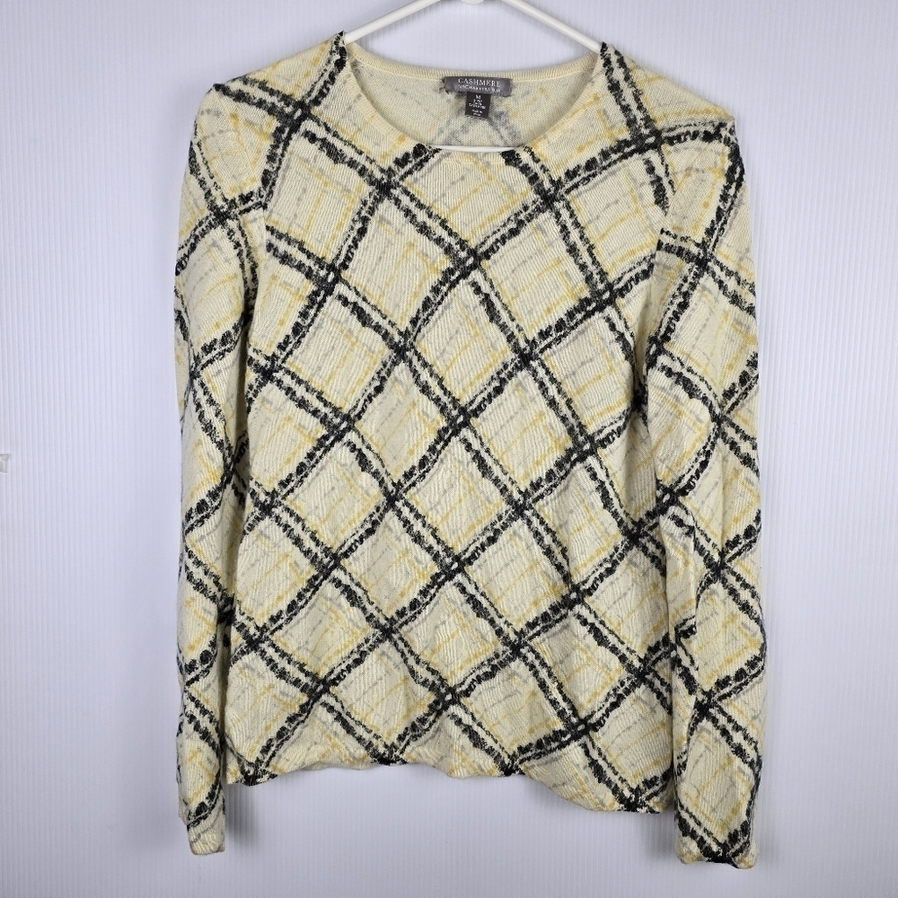 Charter Club Cashmere Yellow Grey Black Plaid Women's Pullover Sweater Size M